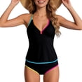 thumbnail image 6 of vigerkar Womens Tummy Control Tankini Swimsuits Color Block Bathing Suit V Neck Two Piece Swimwear with Shorts (Black, XL), 6 of 9
