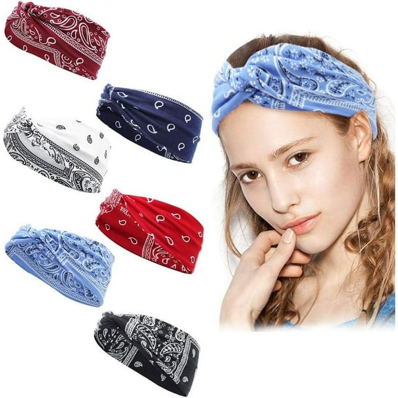 6Pcs Headbands - Bandana Headband for Women, Elastic Cotton Turban Wide Hair Band Head Scarf Hair Wrap, Ladies Stretchy Head bands Fabric Bohemian Hairband ideal for Sports/Running/Yoga