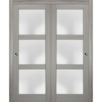 Sliding Closet Frosted Glass Bypass Doors 64 x 80 inches | Lucia 2552 Grey Ash | Sturdy Top Mount Rails Moldings Trims Hardware Set | Wood Solid Bedroom Wardrobe Doors