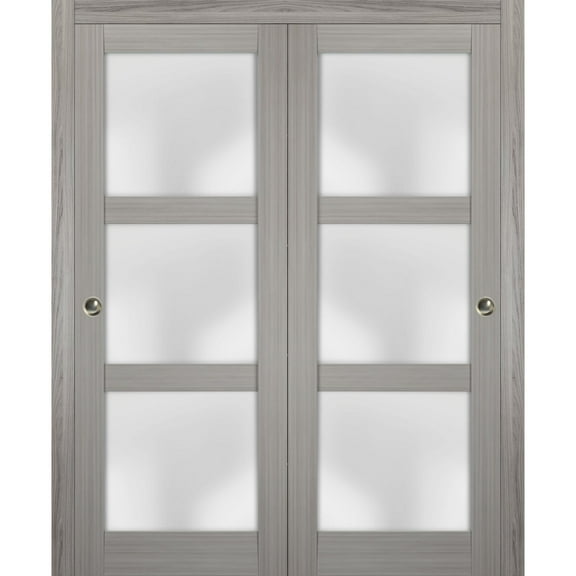 Sliding Closet Frosted Glass Bypass Doors 64 x 80 inches | Lucia 2552 Grey Ash | Sturdy Top Mount Rails Moldings Trims Hardware Set | Wood Solid Bedroom Wardrobe Doors
