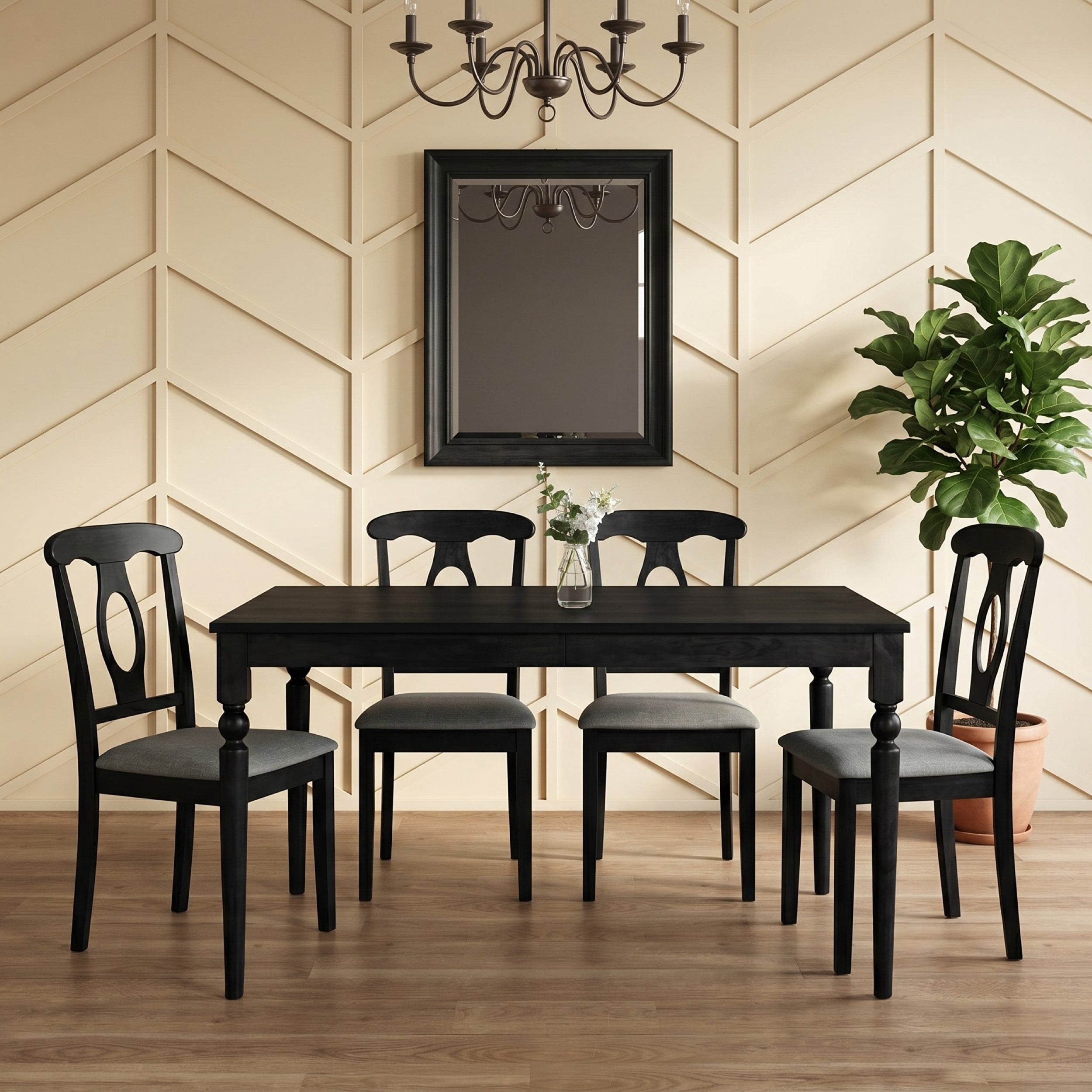 Home Design Modesto 5-Piece Dining Set, Rectangular Table with Upholstered Chairs, Sturdy Construction, Timeless Design, Black