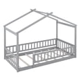 thumbnail image 3 of Twin Size Floor Bed, Solid Wood House Bed Frame with Fence Guardrails and Roof, No Box Spring Needed, Gray, 3 of 8