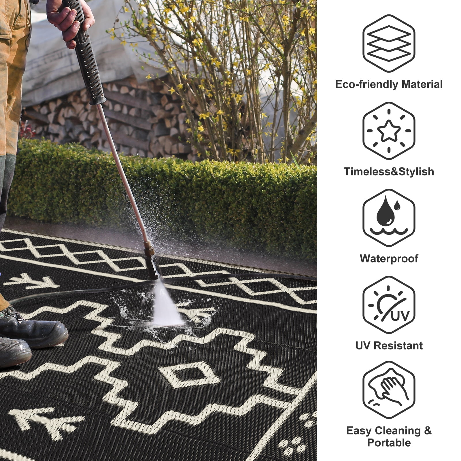 Lahome 5x8 Plastic Straw Outdoor Rug Waterproof, Reversible Black Boho Rugs for Outside, Indoor Outdoor Area Rug for Picnic Patio Balcony