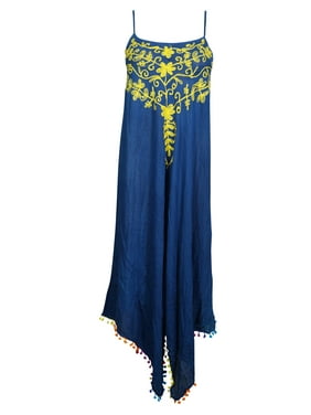 Mogul Womens Beach Breeze Strappy Sexy Dress Royal Blue Floral Embroidered Uneven Pom Pom Hem Summer Style Flare Beautiful Sundress
