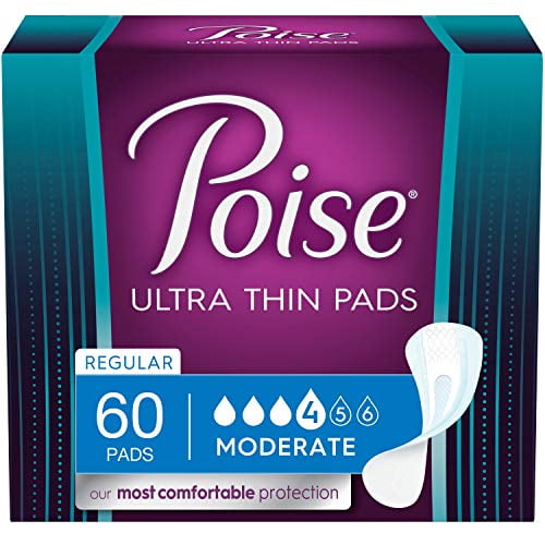 Poise Ultra Thin Incontinence Pads for Women, Bladder Leakage & Postpartum Pads, Moderate Absorbency, Regular Length, 60ct