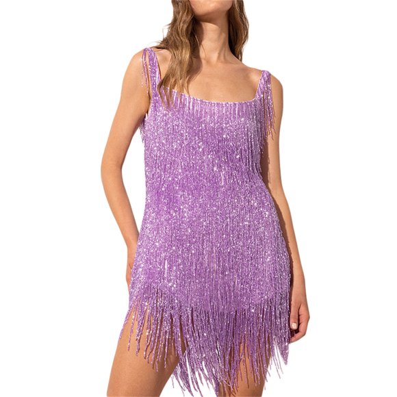 Fortune Sparkly Tassels Fringe Dress for Women Deep V Neck Backless Sequin Mini Dress Party Evening Cocktail Dress