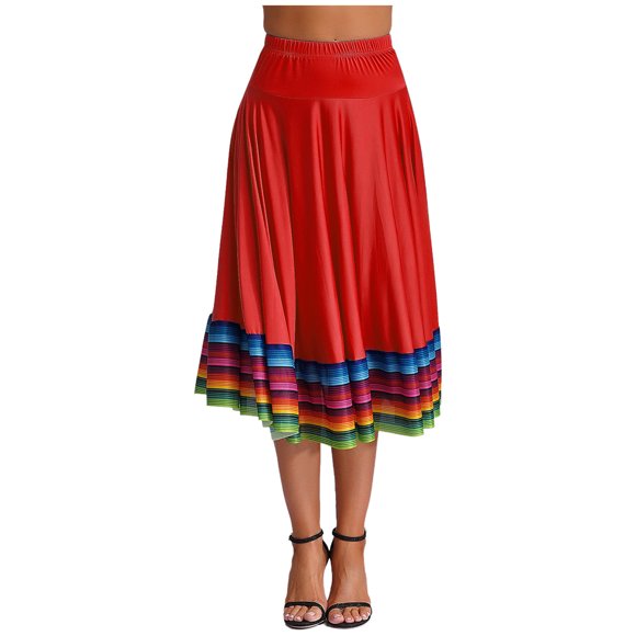 Eandarui Women Folklorico Dance Skirts Spanish Flamenco Belly Dance Skirt Mexican Folk Performance Costume Red 75cm XL