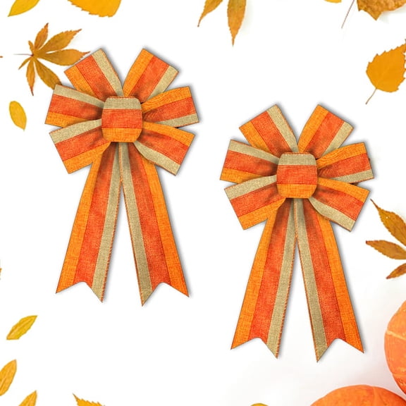 Hying 2PCS Fall Wreath Bows Thanksgiving Bows Orange Brown Strips Burlap Bow for Wreaths