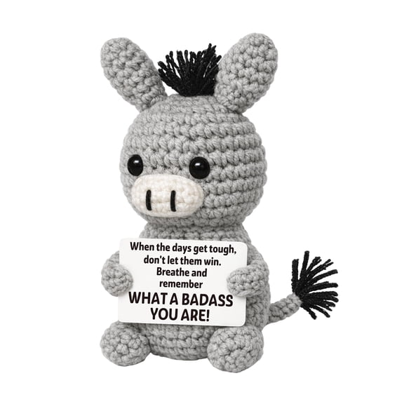 Handmade Crochet Donkey Doll Knitted Animal Figurine with Printed Message Card Small Desk Shelf Decorative Plush Style Accent