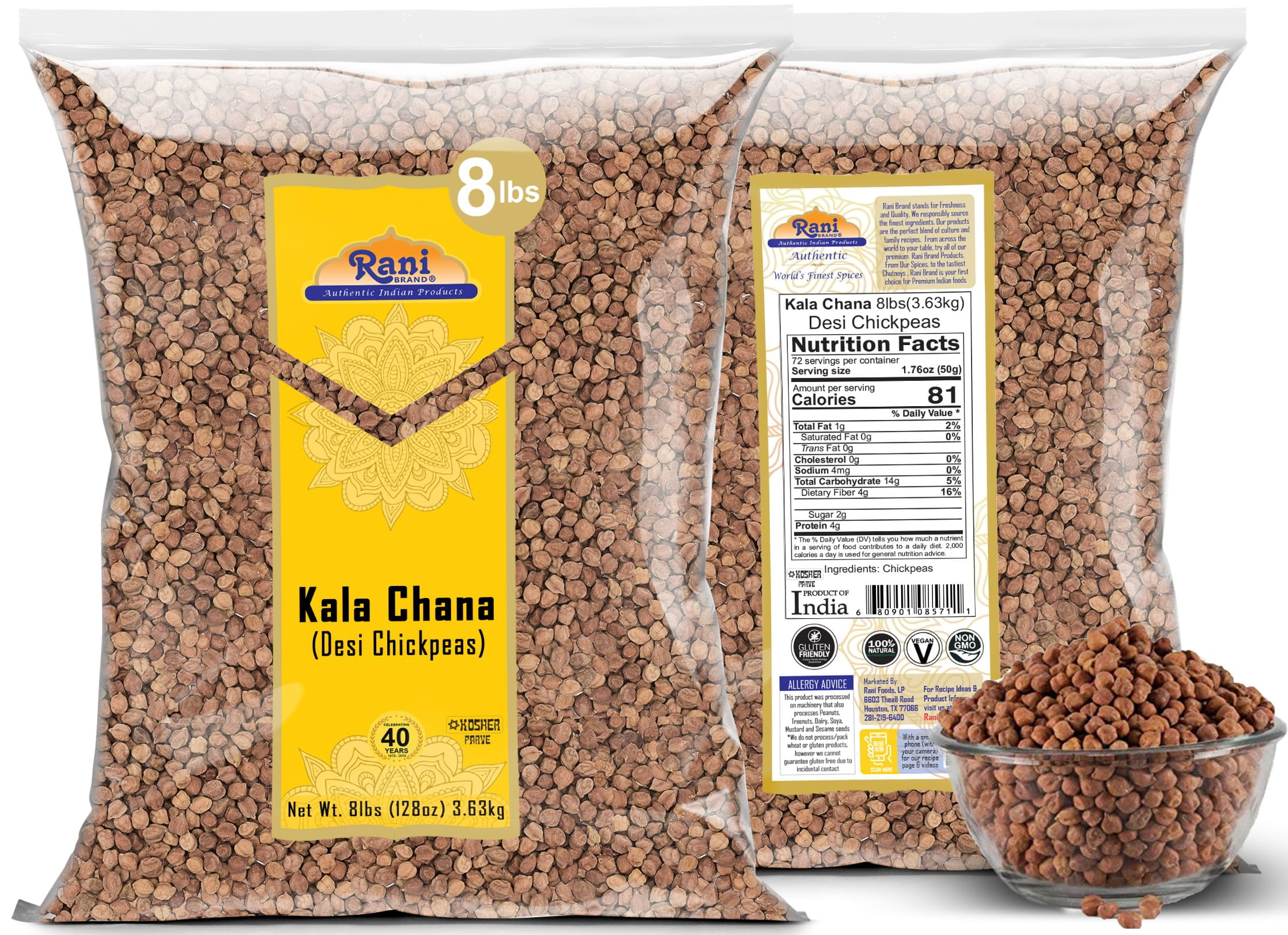 RANI BRAND, Kala Chana Desi Chickpeas 128oz, Vegan, Kosher