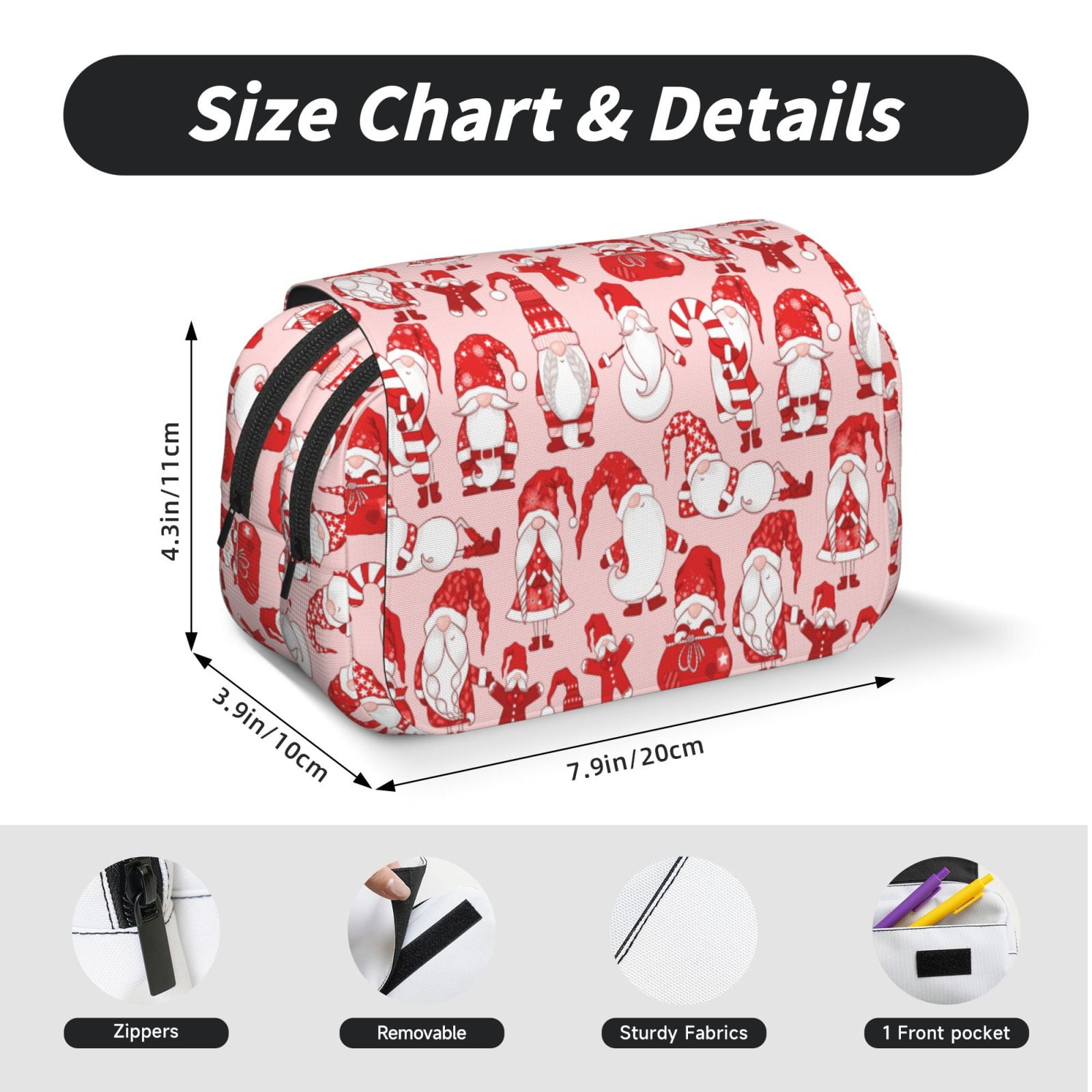 Rateoe Gnome Merry Christmas Pattern Double Clamshell Pen Case, Storage Organizer with Two Zipper Compartments– Holds Up to 50 Pencils & Pens