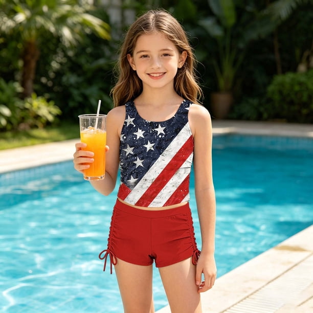 Odeerbi Niñas Día de La Independencia Traje de Baño de 2 Piezas Patriotic Tank Top Con Sostén Pad & Boyshort Bottom Baño Seco Rápido