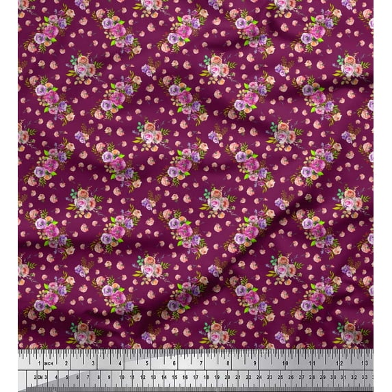 Soimoi Pink Cotton Poplin Fabric Rose & Floral Printed Fabric 1 Yard 42 Inch Wide
