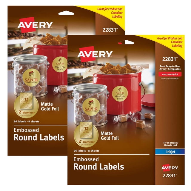 Lámina estampada Label Avery, redonda, fácil de pelar, 5 cm de diámetro, color dorado 96/PK