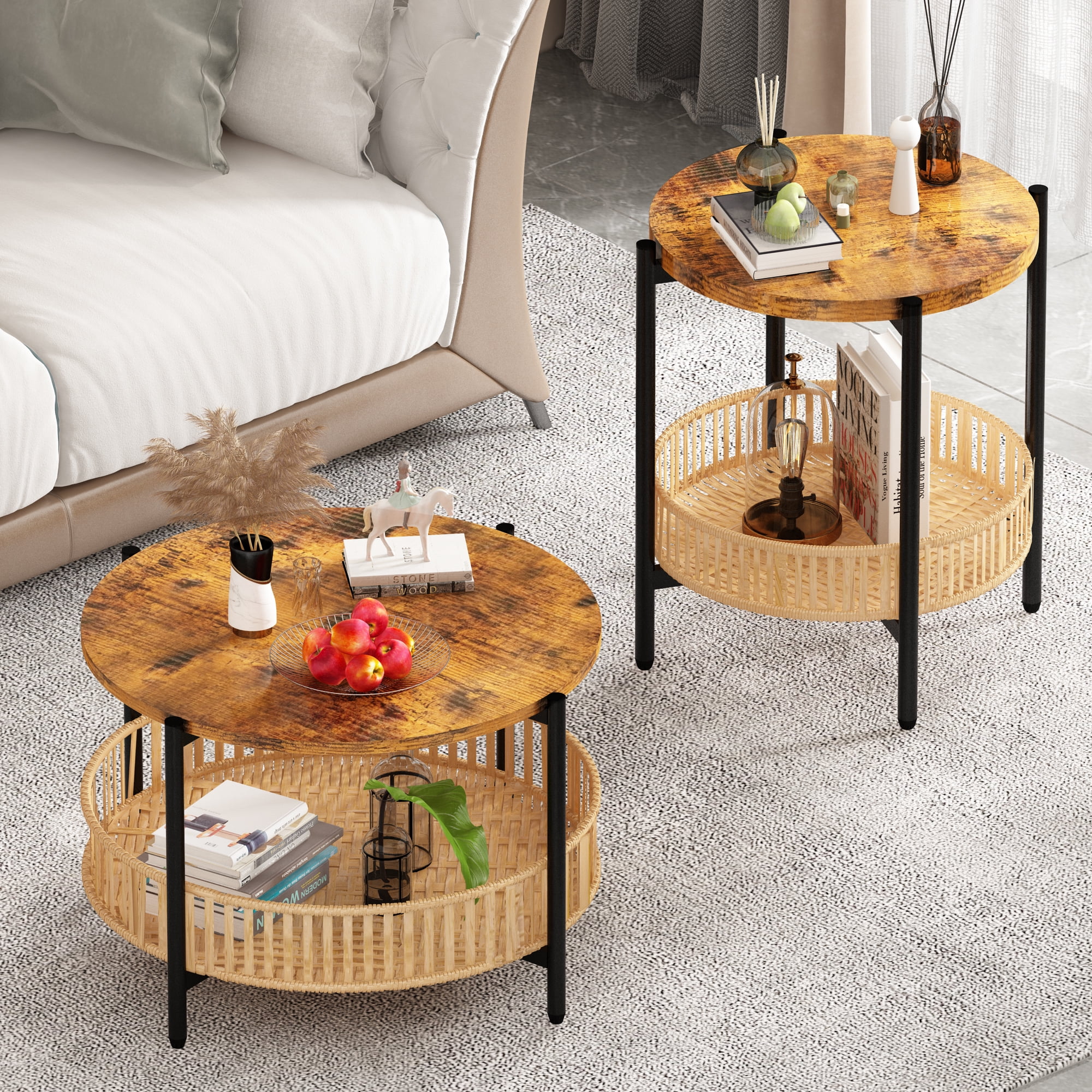 AWQM 3-Piece Round Coffee Table Set with Rattan Storage, Rustic Brown Wood & Woven Side Tables, Space-Saving Living Room Furniture with Natural Boho Style