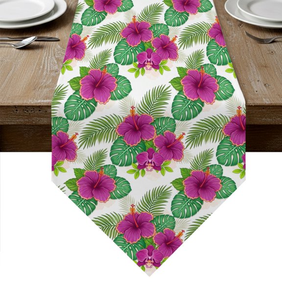 Summer Botanical Table Runner Linen Burlap Table Runner 70 Inches Long Tropical Monstera Leaf Floral Dresser Scarves for Kitchen Island Coffee Dining Room Party Wedding Holiday Decoration 13"x70"