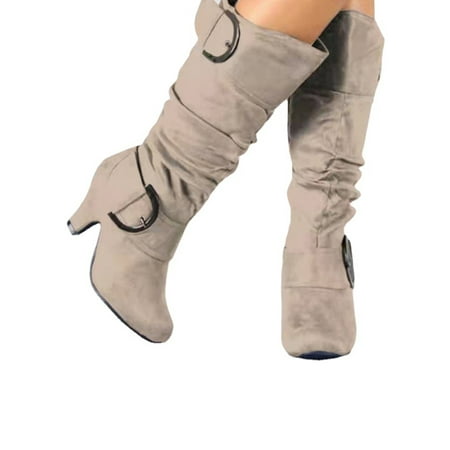 

Lacyhop Womens Party Lightweight Winter Shoes Slip Resistant Block High Heels Booties Non-slip Zip Up Slouchy Boots Beige 5.5