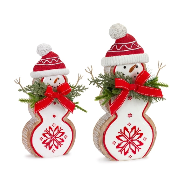 Melrose Set of 2 Snowman with Pine and Bow Christmas Tabletop Figurines 10.25"