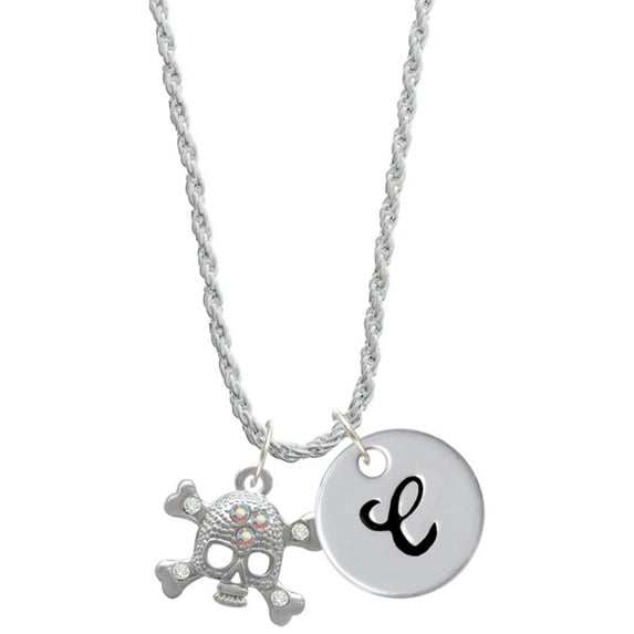 Delight Jewelry Silvertone Skull with 3 AB Crystals Silvertone Script Initial Disc - C - Charm Necklace, 20"+3"