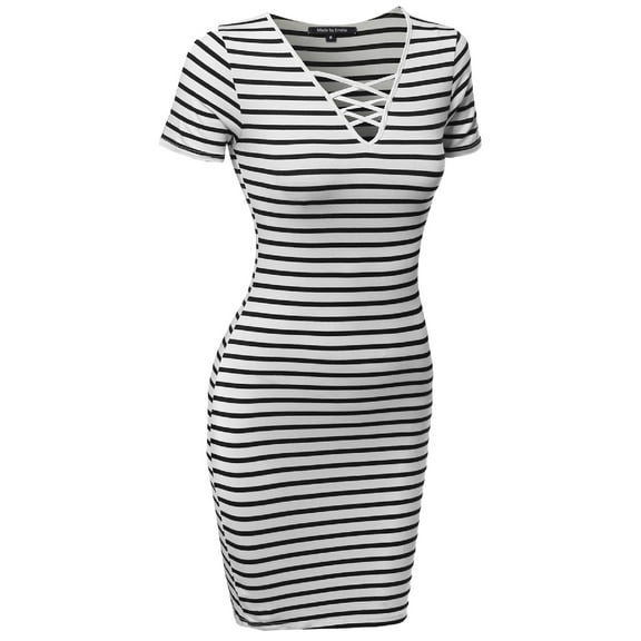 FashionOutfit Women's Lattice-Front Stripe Short Sleeves Dress