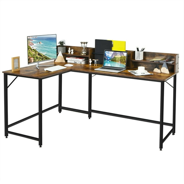 Costway Escritorio de Ordenador en L, Estación de Trabajo de Esquina con Estante de Archivo & 2 Estantes, Mesa Industrial de 166cm con Marco de Acero, para la Sala de Estudio, la Oficina en Casa