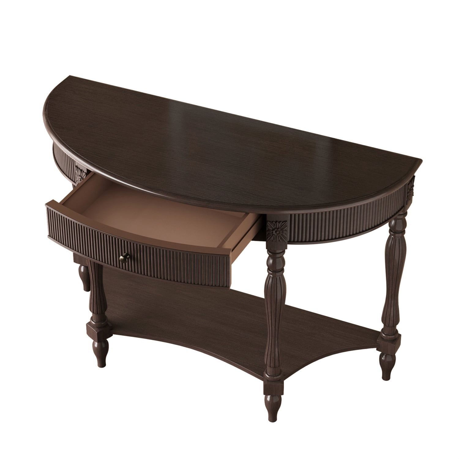Hommoo Solid Wood Half Moon Console Table with Drawer & Open Shelf, Vintage Fluted Front, Narrow Semicircular Entryway Table for Hallway, Foyer, Living Room or Behind Sofa, Rustic Brown