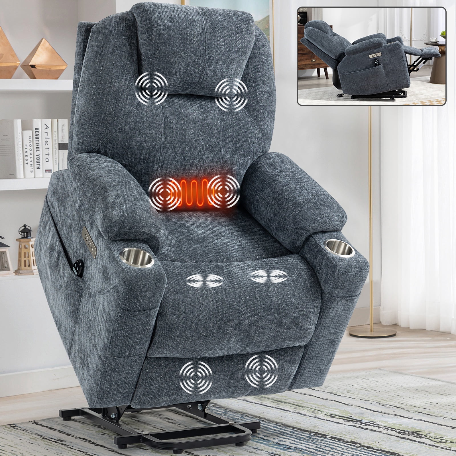 Chenille Power Lift Recliner Chair for Seniors, Heavy Duty 350 lbs Capacity with 8-Point Massage & Lumbar Heat, USB Type-A/C Ports, Stainless Steel Cup Holders, Living Room Comfort