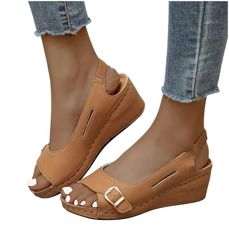 

Women s Vintage Buckle Wedge Heel Open Toe Low Fish Mouth Roman Sandals