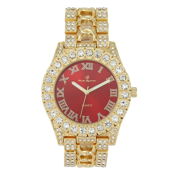 New Rendition of Mens Ice on Blast! More Elegance to Flaunt on The Dance Floor w/a Braid Design on Center of Watch Band! Beautiful Powerful Social Art of Ancestral Roots - ST10375 Gold Blood Red