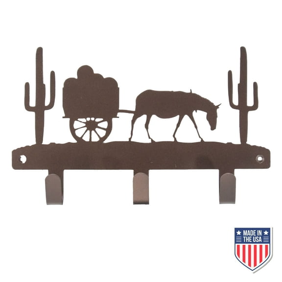 Western Wall-Mounted Coat Rack - 3 Hook Rustic Metal Horse & Wagon Design for Entryway