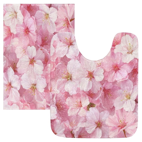 2 Piece Bath Mat Set with U-Shaped Toilet Mat and Rectangle Bath Rugs Non Slip Machine Washable Bathroom Mats Cherry Blossoms Pattern