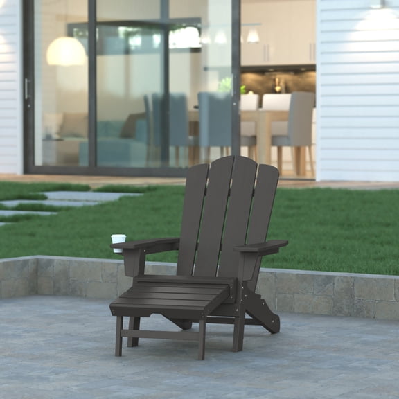 Emma Oliver Adirondack Chair with Cup Holder and Pull Out Ottoman, All-Weather HDPE Indoor/Outdoor Lounge Chair in Gray
