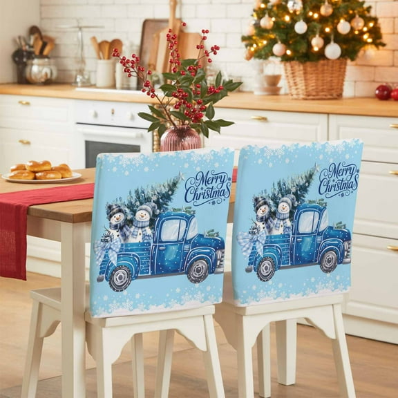 Blue Truck Chair Covers Set of 4 Winter Snowman Merry Christmas Tree Snowflake Light Blue Chair Back Covers Stretch Removable Washable Slipcovers Protector for Dining Room Kitchen Party Decor