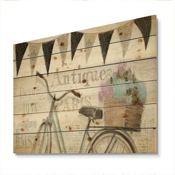 Designart 'French Bicycle Flea Market II' Vintage Transportation Print on Natural Pine Wood