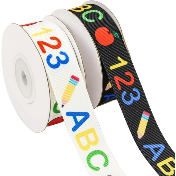 2 Rolls Back to School Ribbon for Crafts Teacher Ribbon for Gift Wrapping ABC Pencil Ruler Ribbon Decorations (each Roll 0.87in×5yd）