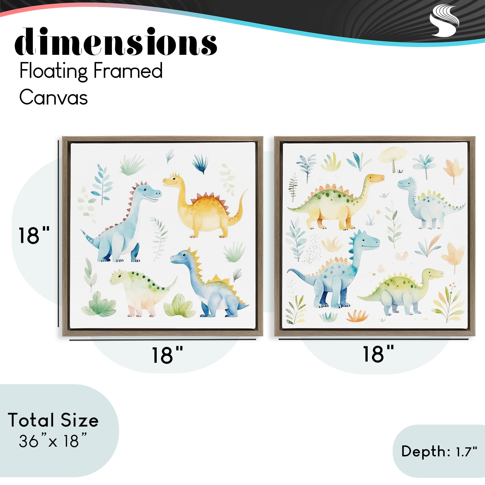 Stupell Industries Playful Dinosaur Wonders 2 Piece Brown Framed Floater Canvas Set, design by Lazar Studio