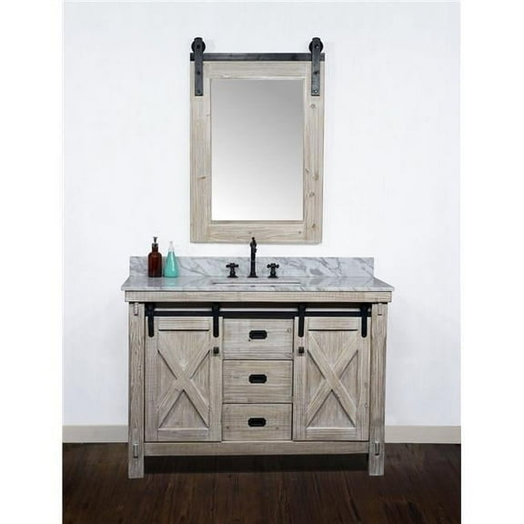 InFurniture WK8548-CW SQ TOP 48 in. Rustic Solid Fir Barn Door Style Single Sink Vanity with Carrara White Marble Top with Rectangular Sink, Driftwood - No Faucet - 49 x 34.6 x 22 in.