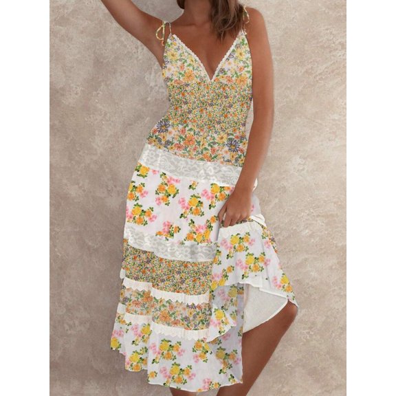 Yellow Floral Smocked Tiered Lace Sundress With Tie Shoulders