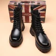 thumbnail image 2 of Men'S Genuine Leather Platform Combat Boots Fashion Lace Up Side Zipper Lug Sole Non-Slip High Top Motorcycle Boots Comfort Outdoor Waterproof Soft Sole Work Ankle Booties, 2 of 6