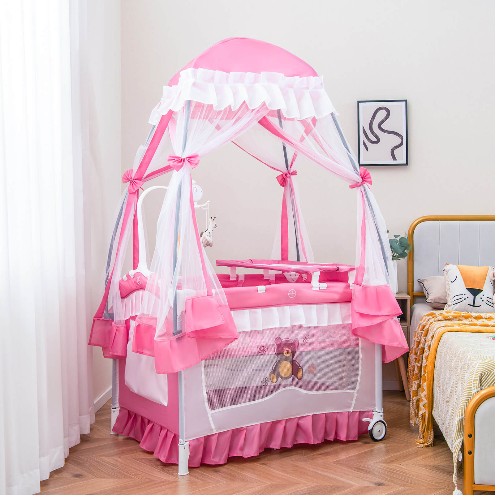 Costway 4-in-1 Baby Playard Crib with Changing Table, Pink photo 4