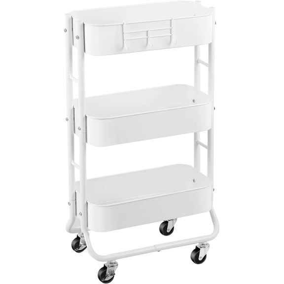 Slim 3-Tier Rolling Utility Cart, Narrow Metal Bathroom Storage Multifunctional Organizer Carts with Wheels with Extra Hook, Laundry Room,Kitchen,Small Space(White)