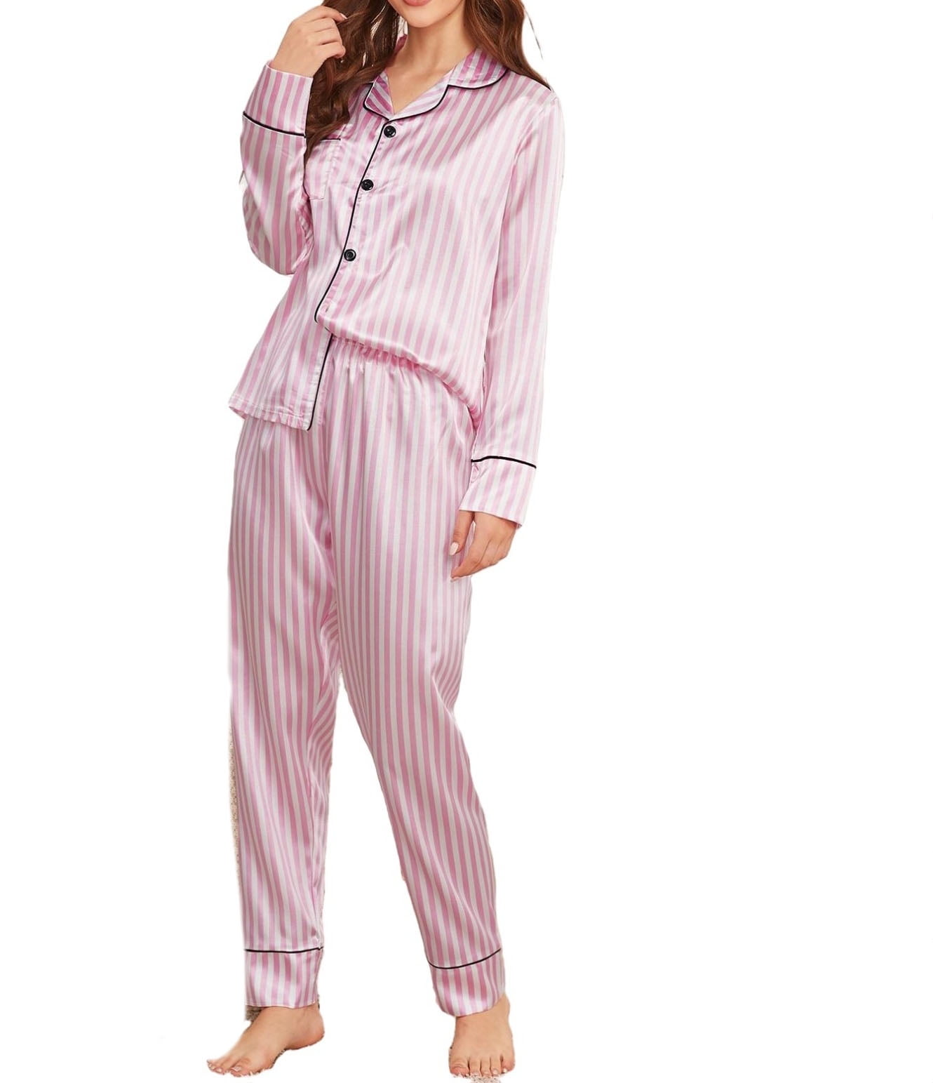 Women's Satin Pajama Striped Button up Long Sleeve Top With Pants Silk ...