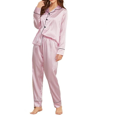 

Womens Pajama Sets Pocket Lapel Sleepwear Pink M
