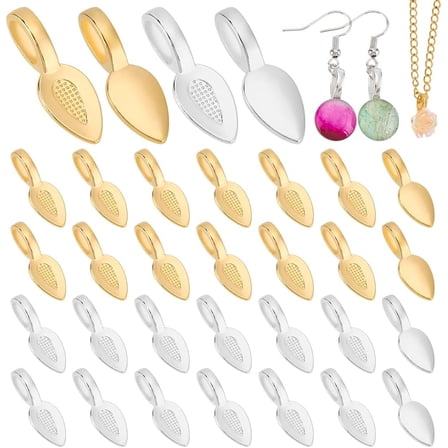 100Pcs 2 Colors Alloy Glue-on Flat Pad Bails Pendant Cabochon Tibetan Spoon Cabochon Connectors Empty Flat Pad Bails Hanger Jewelry Findings Charm Base Blank Setting
