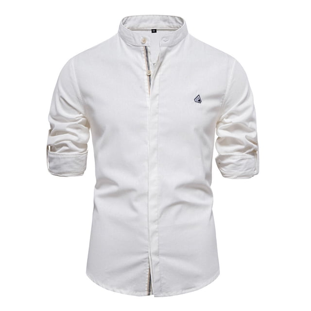Camisas Para Hombre Camisa ajustada de moda de verano para hombre Camisa de manga larga sólida informal de algodón para negocios (White, L)