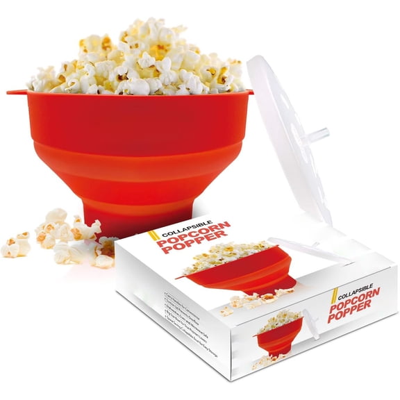Microwave Popcorn Maker Bowl Collapsible Design, -Grade Silicone with Secure Lid, Quick 3-Minute Snack for Home Office Parties, Red