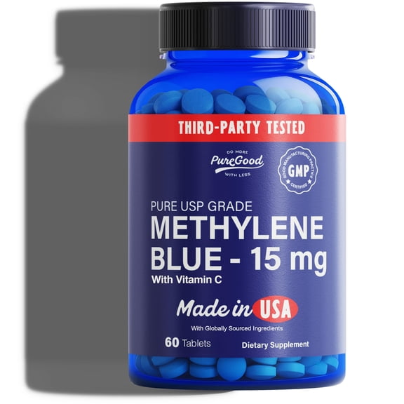 PureGood Pharmaceutical Grade Methylene Blue Tablets (60 Count) – 15 mg, with Vitamin C – USP Grade, Third-Party Tested, Formaldehyde & Alcohol Free, Amber Bottle