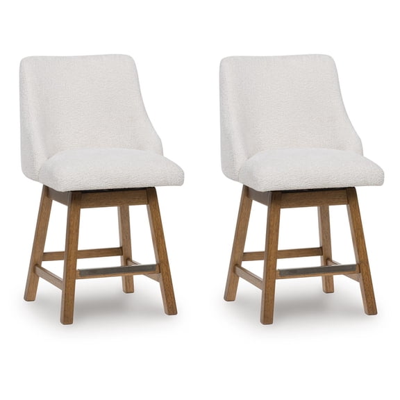 Signature Design by Ashley Cabalynn Counter Height Upholstered Swivel Barstools, Set of 2, Light Brown Frame with Cushioned Oatmeal Seat
