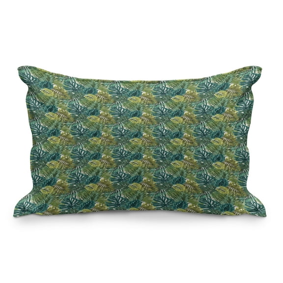 Leaves Quilted Pillowcover, Tropical Hawaiian Rainforest Palm and Monstera, Standard King Size Accent Pillow Cover for Bedroom, 36" x 20", Olive Green Dark Teal, by Ambesonne