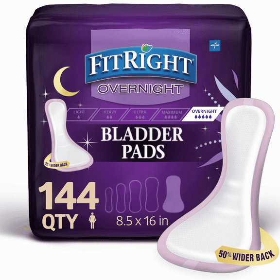 FitRight Overnight Bladder Control Pads, Maximum Absorbency, Nighttime Incontinence Protection, 8.5" x 16", 144 Count